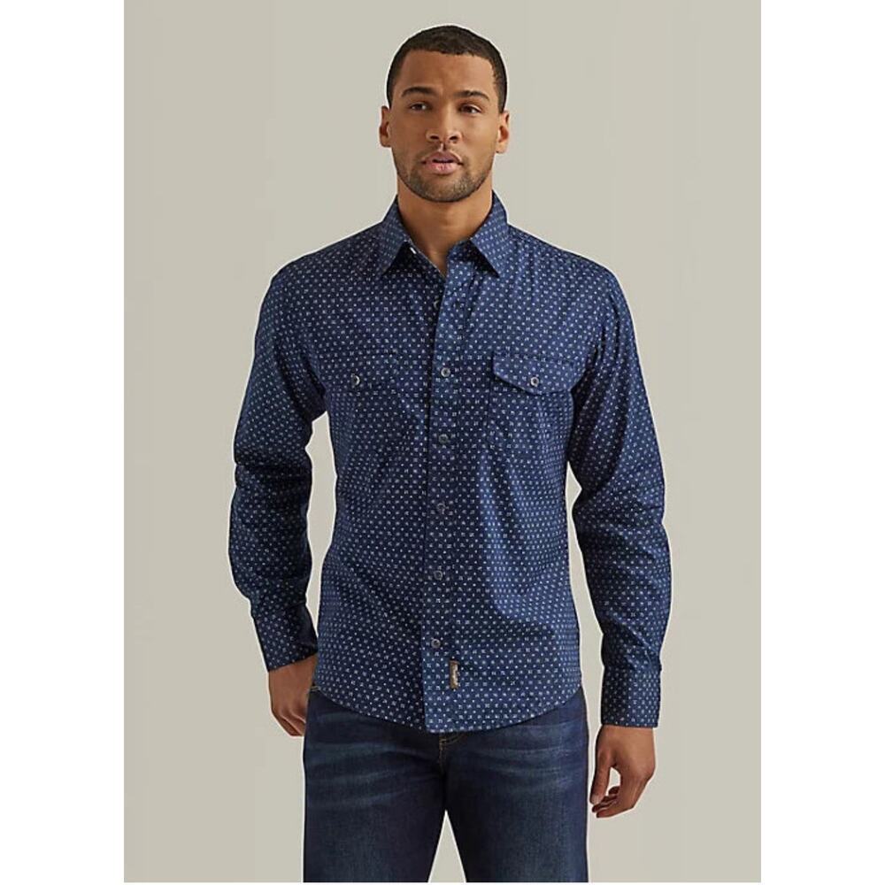 Wrangler Retro Premium Size XL Button Up Mens Shirt Navy Print Long Sleeve - Picture 6 of 10